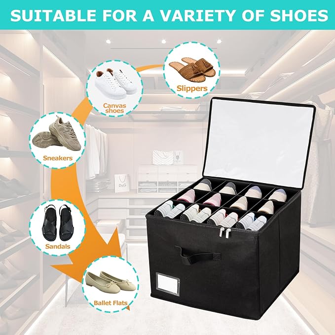 Shoe Organizer for Closet, Fits up to 12 Pairs, Foldable Shoe Storage Containers with Clear Cover, Large Adjustable Shoe Box Organizers, Space Saving Shoes Holder