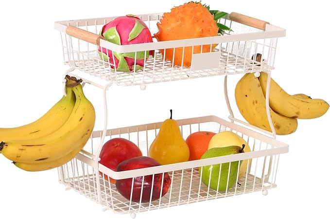 2 Tier Detachable Fruit Basket Bowl with 2 Banana Hangers, Fruit Stand Holder for Kitchen Countertop, Metal Wire Vegetable Storage Organizer, for Bread Snack Veggies Produce, White