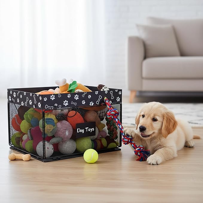 Geyecete dog toy bin chew proof metal dog toy box pet toy basket large Toy organizer Pet Wire mesh folding Dog Toy Organizer for personalized basket