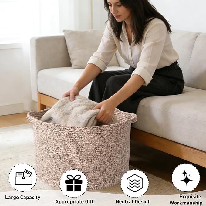 65L Large Blanket Basket,19.7" L x 19.7" W x 13" H Rope Woven Baskets with Handles, Toys Storage Bins,Laundry Basket Perfect for Living Room, Nursery,Bedroom,Home Organization,Brown