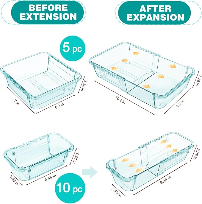 15 Pcs Extendable Clear Drawer Organizer, All Adjustable Vanity Storage Box, 2-Size Desk Drawer Organizer, Acrylic Storage Bins for Makeup, Bedroom Dressers Tool Organizer for Gadgets, Blue