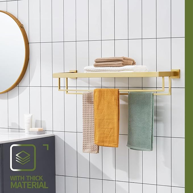 KOKOSIRI 32'' Towel Shelf Holder Bathroom Towel Rack with Two Bath Towel Bars Rails SUS304 Stainless Steel Wall Mount, Brushed Gold B6003BG-L32