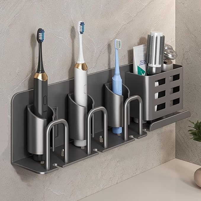 Electric Toothbrush Holder Wall Mounted, Aluminum Bathroom Organizer with No Drill - Holds 6 Toothbrushes & Toothpaste (3 Slots)