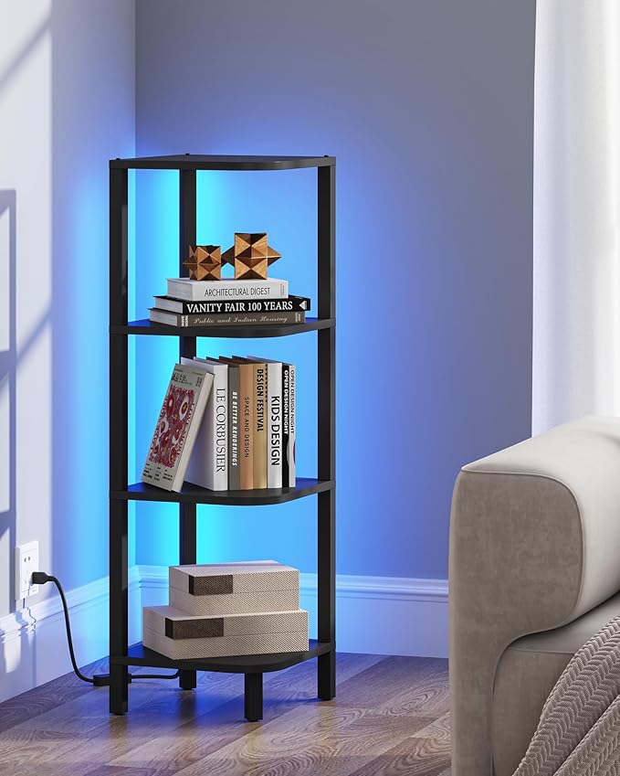 TUTOTAK Corner Shelf, 4-Tier Corner Bookshelf for Small Space, Narrow Display Corner Shelf Stand with Storage Rack, for Living Room, Bedroom, Black BS08BK004L