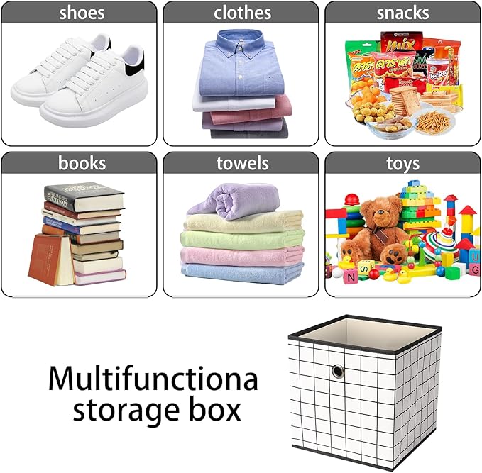 Foldable Storage Cubes Bins,11 Inch Cloth Storage Cube Fabric Storage Box Cubes Organizer Baskets with Dual Handles for Home Organizer Set of 3 (White grid)