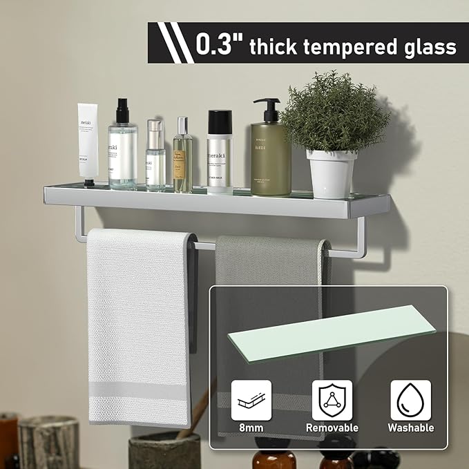 SFGSOWOR Bathroom Shelves Glass Bathroom Shelf with Towel Bar, Floating Shelves for Living Room/Study Room Tempered Glass Rectangular 1 Tier Organizer Wall Shelf (Chrome Polished, 20'')