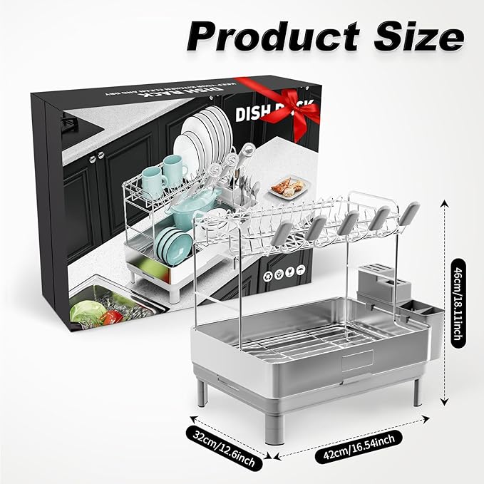 Dish Drying Rack, 2 Tier Large Dish Rack, Stainless Steel Dish Drainer for Kitchen Counter, Dishes Rack with Automatic Drainage, Utensil Holder&Cups Holder,Space Saving Kitchen Organizer,Gray
