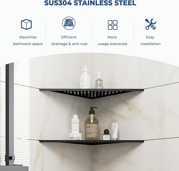 FerdY 2-Pack 10" Matte Black Recessed Corner Shower Shelf, for Tiled Bathroom Walls, 304 Stainless Steel Floating Shelf, Shower Caddy Storage Shelves, No Drilling Required, Point Triangle