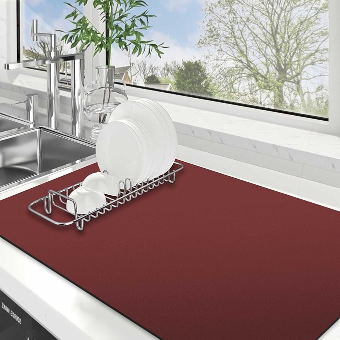 WISELIFE Dish Drying Mat Super Absorbent Drying Mat Large Dish Drying Mats for Kitchen Counter Easy Clean Dish Mat Kitchen Drying Mat18"x 32" Classic Red