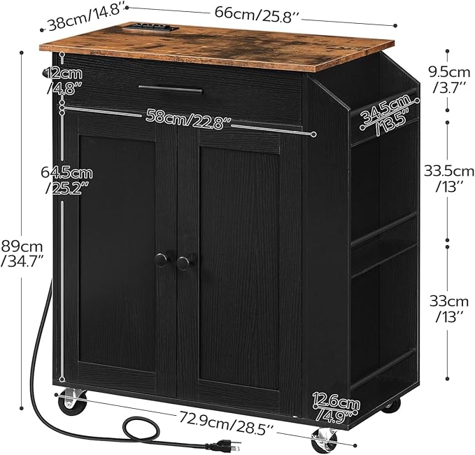 HOOBRO Kitchen Island with Power Outlet, Storage Island with Spice Rack and Drawer, Rolling Kitchen Cart on Wheels, for Home, Dining Room, Rustic Brown and Black