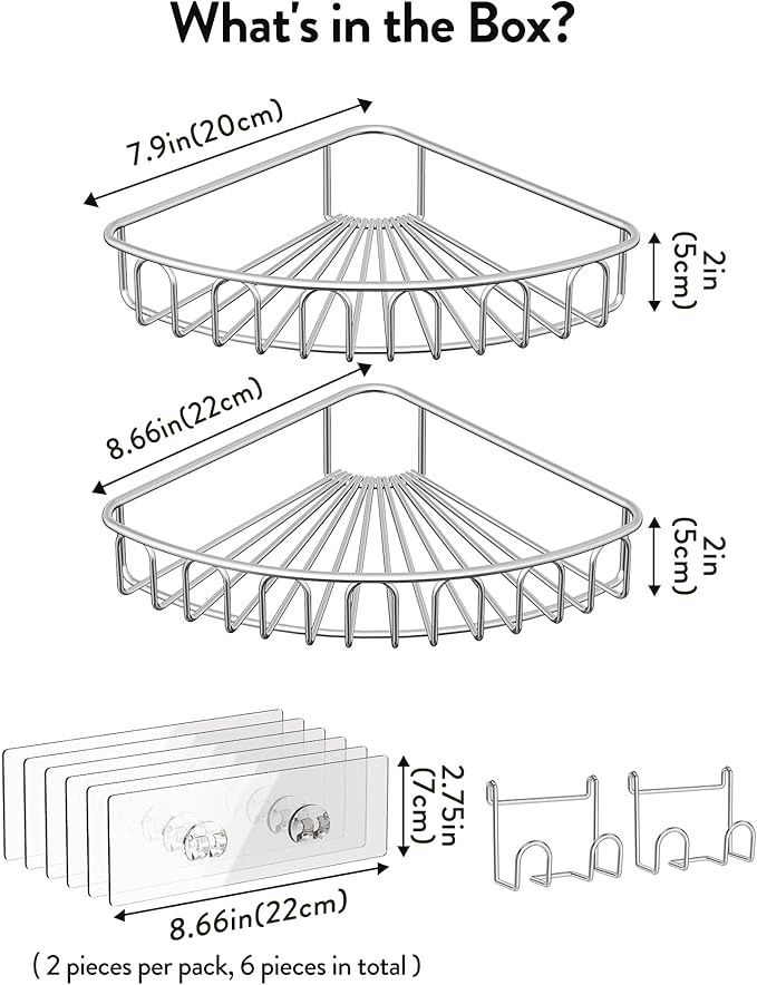 Orimade Corner Shower Caddy Stainless Steel with Hooks Wall Mounted Bathroom Shelf Storage Organizer Adhesive No Drilling 2 Pack, Silver Only for 90-Degree Corner