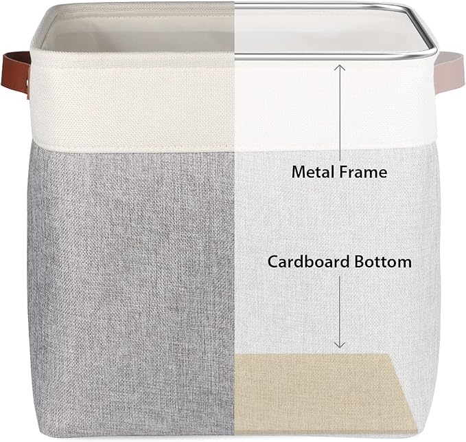 Univivi 13x13x13 Fabric Cube Bins with Hard Bottom,4 Pack Storage Baskets with PU Handles for Closet Foldable Storage Bins for Organizing,Gray