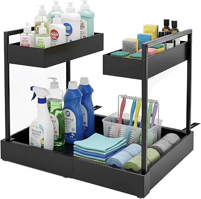 Expandable Under Sink Organizer, 2-Tier Height Adjustable Sliding Rack, Carbon Steel Frame with Ball-Bearing Slides, 12.8”–20.5” Width for Kitchen & Bathroom(Does Not Fit Cabinets with Middle Divider)