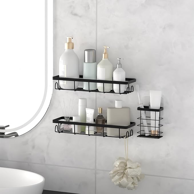 Uninol Shower Caddy Organizer with Hooks,Self Adhesive Bathroom Shelves,Shower Shelves,No Drilling Bathroom Organizers and Storage,Perfect for RV, Apartment, Home Decor,3 Pack Black