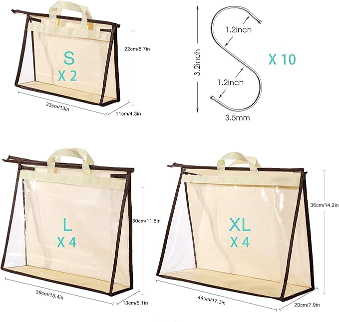 CINPIUK 10 Set Handbag Storage Organizer Dust Bags for Purses Handbags Closet, Clear Purse Protector Storage Bag Dust Cover for Bags, Closet Organizer for Handbags with Hooks
