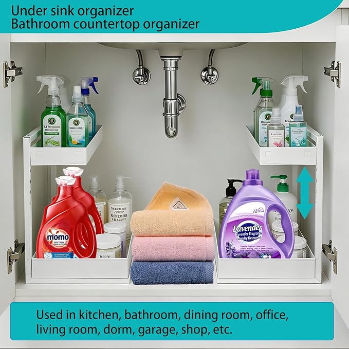Under Sink Organizer, Bathroom Counter Organizer, 2 Packs 2-Tier Metal, Under Cabinet Storage, Makeup Storage, Adjustable Height & Slide-Out Drawer for Kitchen Bathroom Dorm Shop Office, White