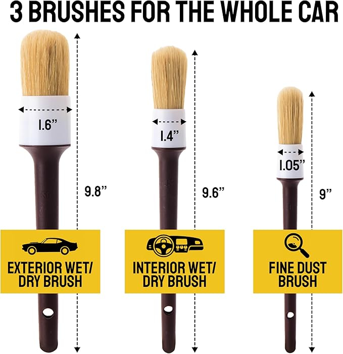 Soft Boar Hair Car Detailing Brush Set - 3-Pack, Brown - Car Detailing Kit for Versatile Uses - Soft Bristles Cleaning Brush - Water-Resistant Handles