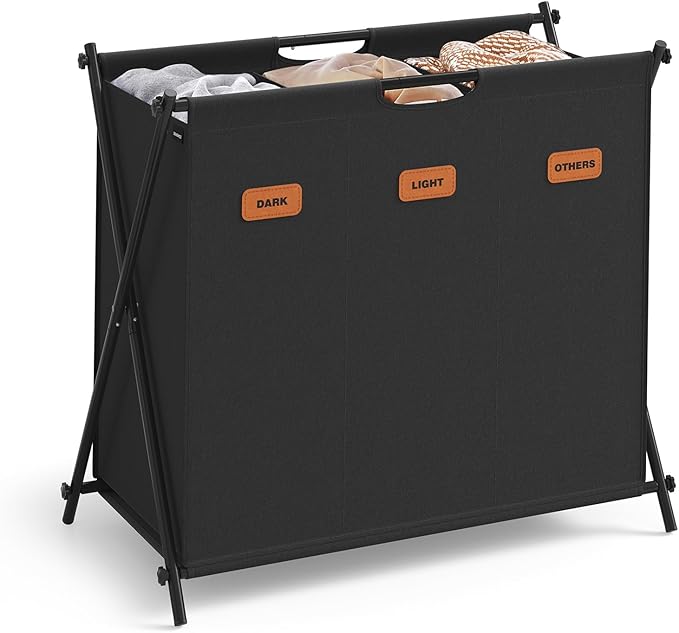 SONGMICS Laundry Hamper, Laundry Basket, 35.7 Gal. Laundry Sorter 3 Sections, Collapsible X-Frame, Clothes Organizer with Customizable Labels, Laundry Room, Bedroom, Bathroom, Ink Black ULCB130B01