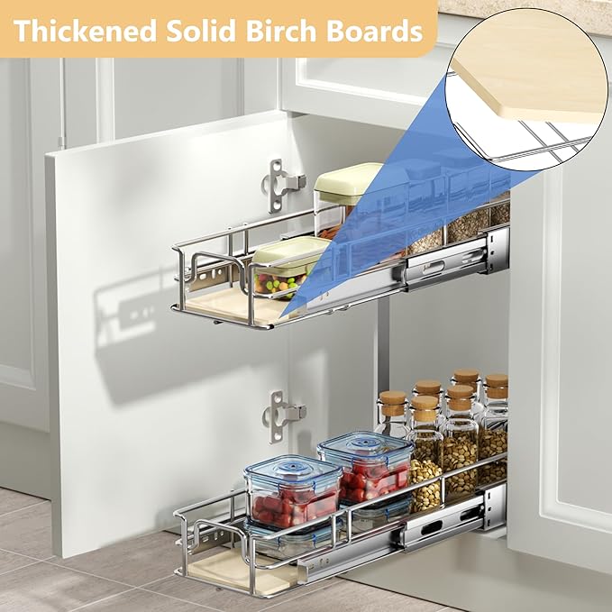 ROOMTEC 2 Tier Individual Pull Out Cabinet Organizer 5½"W x 21½"D, Slide Out Wood Shelves Organizers, Pull Out Drawers Organization and Storage for Kitchen Cabinet