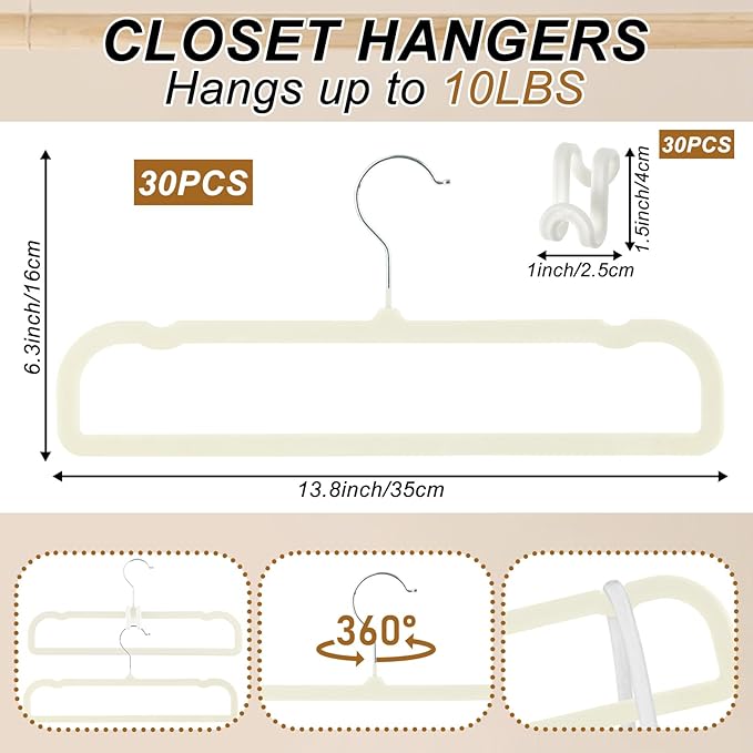 Velvet Pants Hangers Non Slip, 30 Pack Velvet Hangers for Closet with 30 Hooks, Strong Durable Space Saving Slim Clothes Hanger, Ultra Thin Flocked Hanger for Pants, Shirts, Bra, Shorts (Cream)