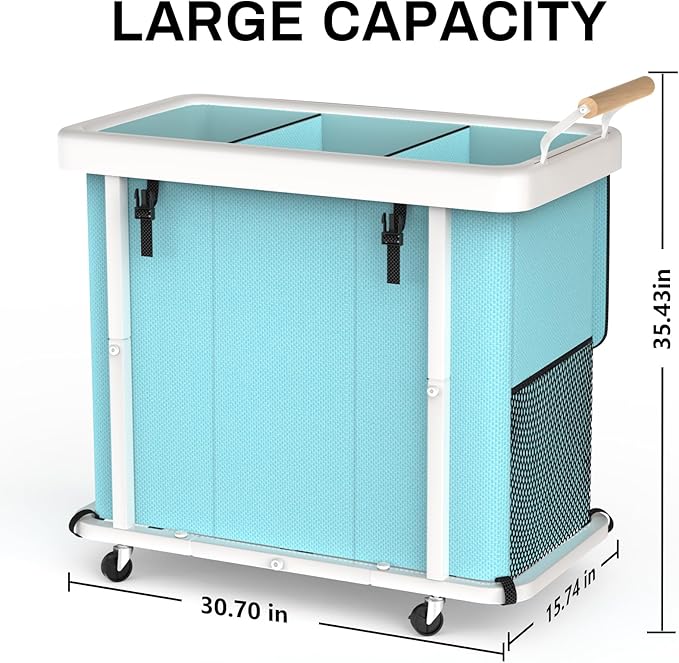 230L (60 Gal) Extra Large Fashion Laundry Sorter 3 Section with Lid, Rolling Laundry Basket Hamper with Handle, Laundry Organizer Storage Cart with Sturdy Metal Frame for Laundry Room,Hotel,Blue