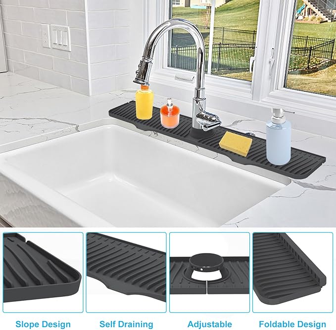 32"x 5.5" Sink Splash Guard Mat, Longer Silicone Faucet Splash Guard, Silicone Faucet Handle Drip Catcher Tray, Drip Protector Splash Countertop (Black)