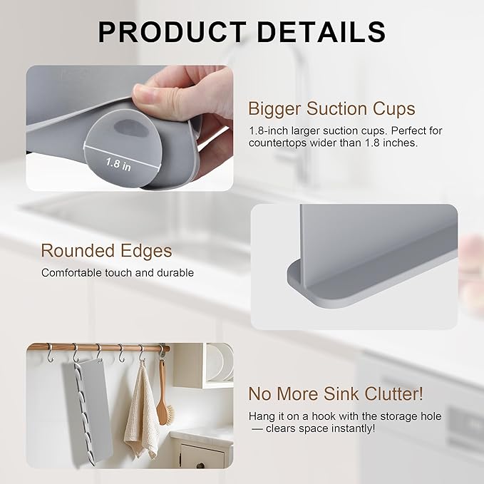 Silicone Sink Splash Guard, Sink Splash Guard with Suction Cup, Kitchen Sink Splash Guard That Can Be Placed Behind The Sink, Sink Splash Guard(17.3 x 4.1 Inch Grey)