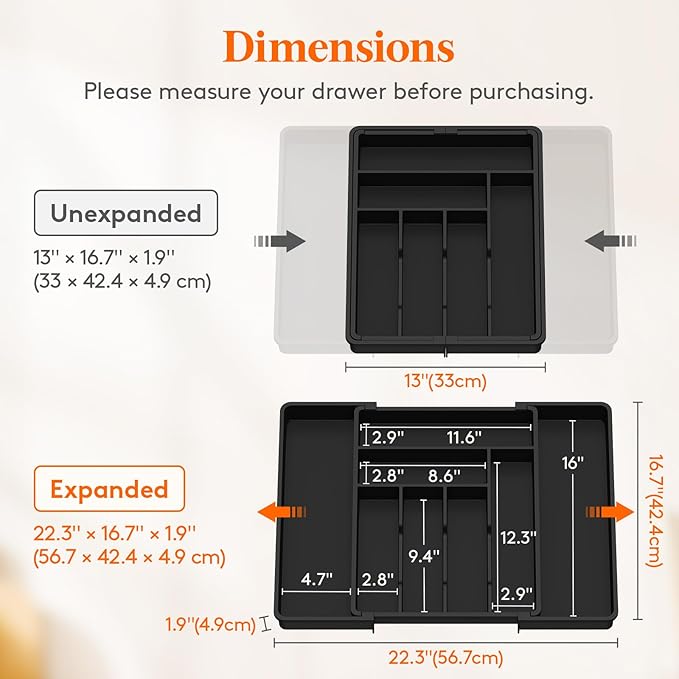 Lifewit Utensil Organizer for Kitchen Drawer, Expandable Cooking Silverware Tray, Adjustable Cutlery Flatware Holder, Plastic Spatula Tools Storage Divider, 13-22.3 x 16.7", Black