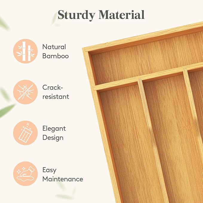 Lifewit Silverware Drawer Organizer, Utensil Tray for Kitchen, Flatware and Cutlery Holder, Storage for Spoons Forks Knives, 6.7 x 12", Natural