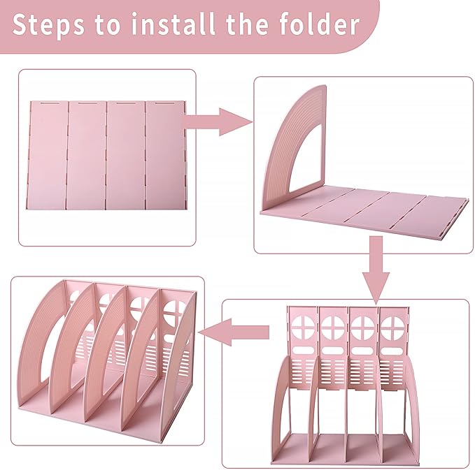 SAYEEC Sturdy Magazine Holder 4 Compartments Plastic Desktop File Organizer File Dividers Office Organizer Storage Document Magaizne Rack Display Box (Pink)