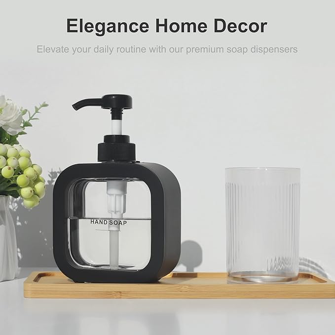 Hand & Dish Soap Dispenser - Modern Plastic Pump with Labels - Black
