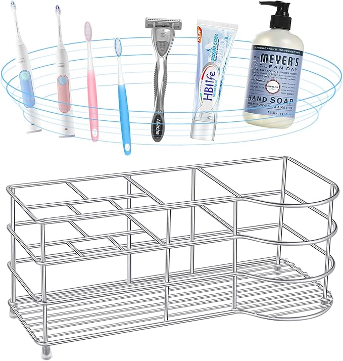 HBlife 7 Slots Toothbrush Holder, X-Large Stainless Steel Bathroom Decor, Silver Electric Toothbrush Holder for Bathroom, Bathroom Counter Organizer for Small Spaces