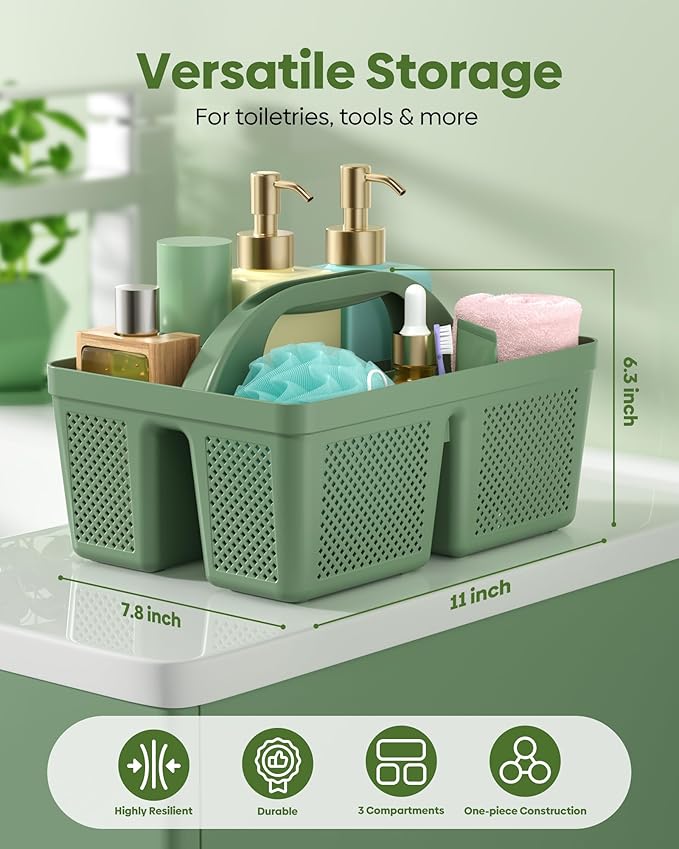 MLIKLU 4 Pack Portable Shower Caddy, Integrated Handle, Reinforced Plastic, Quick-Dry Ventilation Holes, Multi-purpose Storage Basket for Home, Dorm and Bathroom, Kitchen, Under Sink Storage, Green