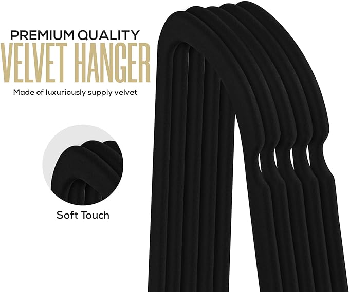 Utopia Home Velvet Hangers 100 Pack – Premium Non-Slip Slim Clothes & Coat Hangers with Tie Bar, Space-Saving Heavy Duty Design, 360° Swivel Hook – Black