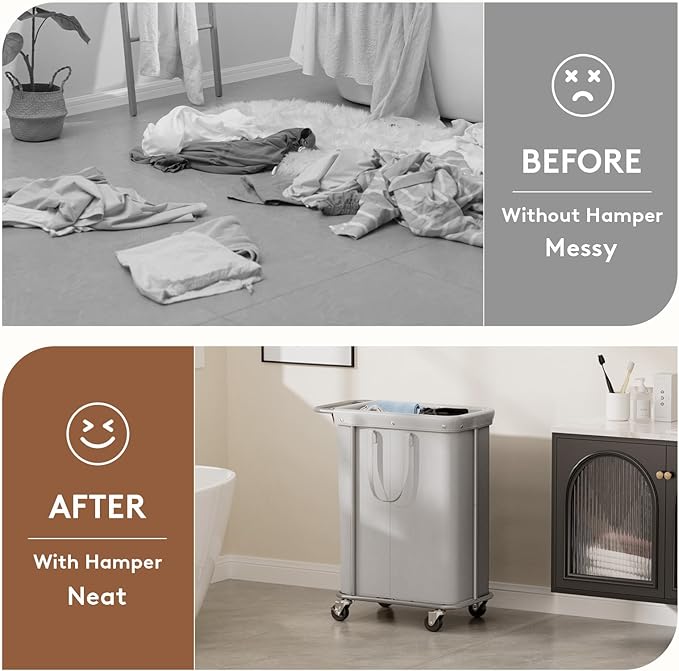 Lifewit 150L Large Laundry Basket with Wheels, Tall 2 Section Laundry Hamper Organizer, Rolling Laundry Cart with Steel Frame & Removable Bag for Luandry Room Bathroom Bedroom, Silver Gray