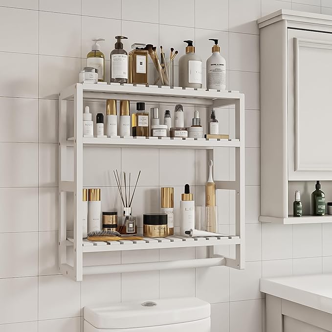Over The Toilet Storage Bathroom Shelves Wall Mounted 3 Tier Space Saver Corner Shelf Organizer Bamboo Towel Rack Toilet Paper Cabinet with Hanging Rod White