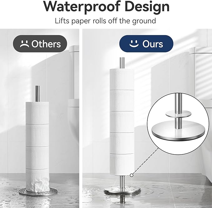 Brushed Nickel Toilet Paper Holder Stand for Spare Rolls Storage, Stainless Steel Freestanding Toilet Paper Holder with Shelf Hold 5 Paper Rolls