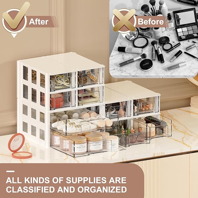 Makeup Organizer, Desk Organizer & Jewelry Organizer with 10 Drawers - Modular Desktop Storage drawers for craft, Office, Medicine - Desk Organizers and Accessories with Interchangeable Units
