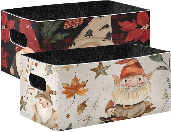 Checkered Christmas Floral Gnomes Closet Storage Bins 2 Pcs Felt Open Home Storage Containers Organizer with Handles Collapsible Shelf Basket for Home Office Craft Room Classroom Fabric