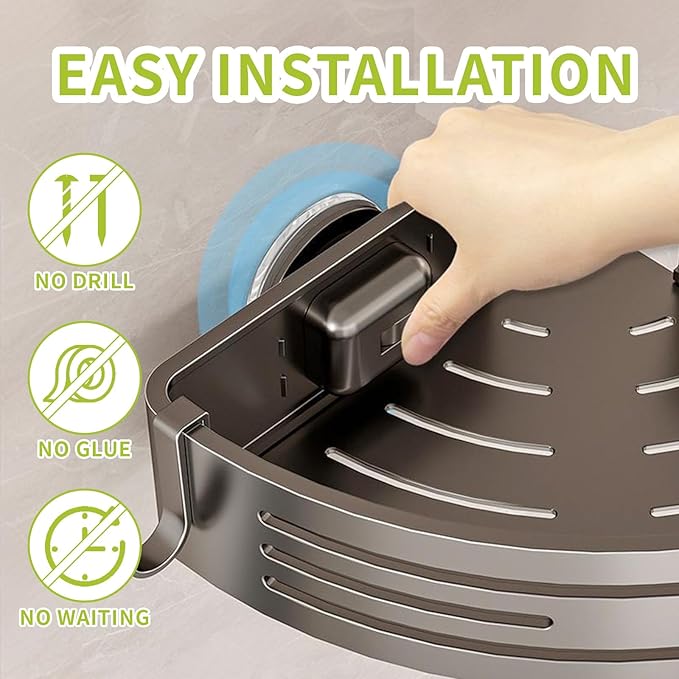 Shower Caddy Suction Cup, No Drilling Rustproof Bathroom Shower Shelf,Hanging Corner Shower Shelves with 6 Portable Hooks, Removable Bath Organizer with Towel Bar for Bathroom Storage(Gray)
