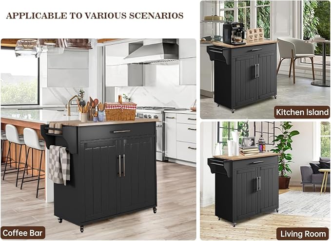 Kitchen Storage Island, Wooden Rolling Kitchen Island On Wheels with Countertop, Mobile Kitchen Island Cart with Towel Rack, Spice Rack and Drawers, Black