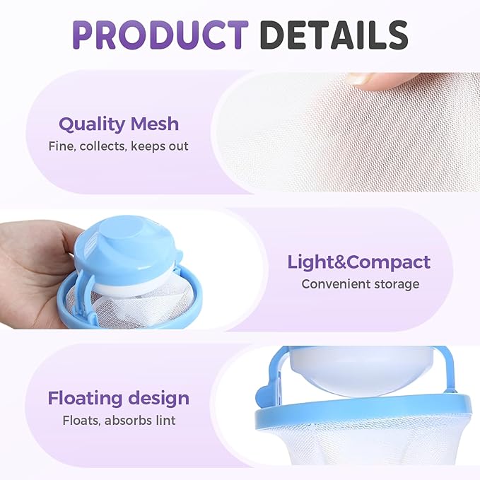 Floating Hair Filtering Mesh Removal, Lint Catcher for Washing Machine, Pet Hair Remover for Laundry, Reusable Washing Machine Hair Filter Mesh Bags (Mixed Color 6 Pack)