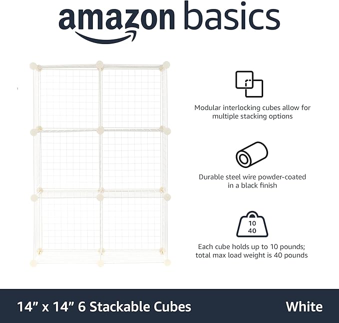 Amazon Basics 6 Cube Wire Grid Storage Organizer, Stackable Storage Cubes, Modular Closet Organizer Shelves, 14.6" D x 30.3" W x 44.8" H, White