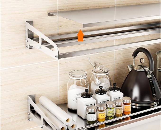 Floating Shelf 304 Stainless Steel Metal Heavy Duty Household Spice Rack Microwave Mounted Storage Rack for Kitchen Bedroom Bathroom (Length80CM*Wide25CM)