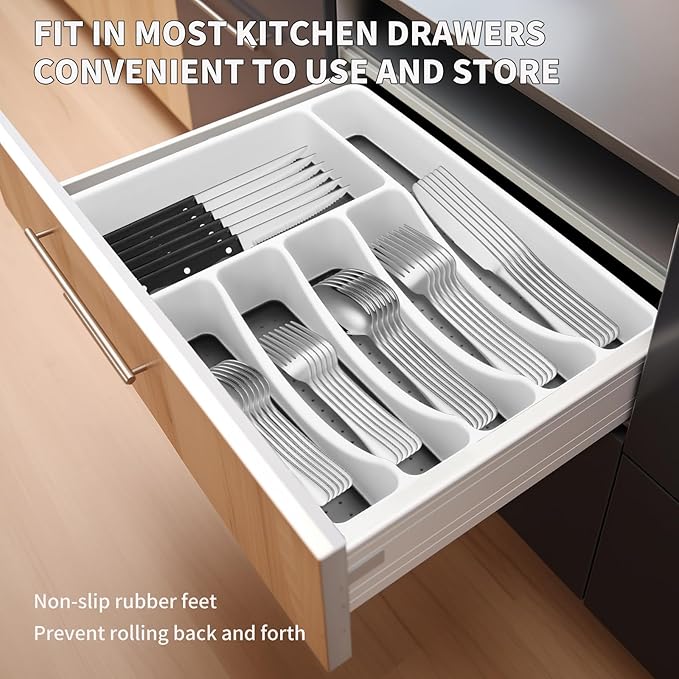 53PCS Silverware Set for 8 with Flatware Drawer Organizer, Stainless Steel Cutlery Set with Steak Knives, Include Spoons and Forks Set & Serving Utens, Dishwasher Safe, Heavy Duty, Silver