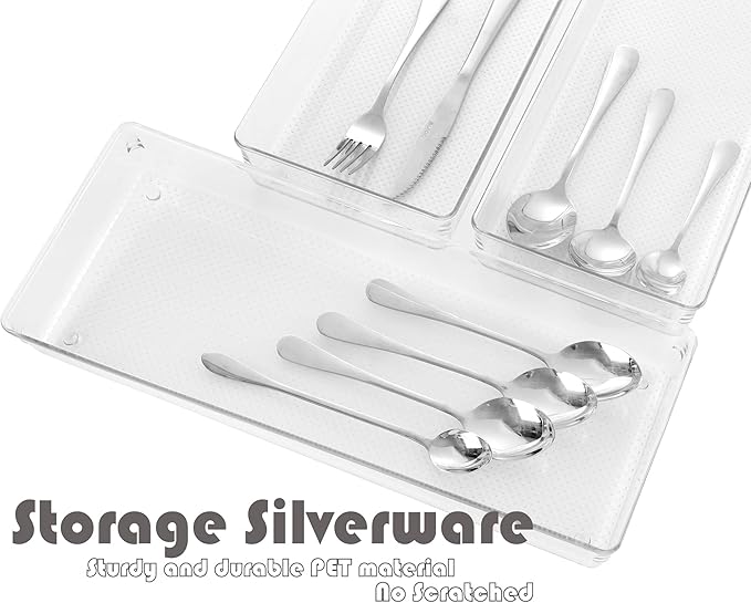 ihomecooker 3 Pack Large Clear Plastic Drawer Organizer Tray Cutlery Utensil Makeups Drawer Organizers 15" X 6"