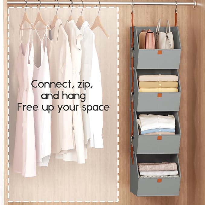 Hanging Closet Organizer 4 Tier - Clothes Hanging Shelves, Space-Saving Closet System, Fabric Storage Bins Bedroom Organization, Collapsible Baskets for Home, Dorm, Rv, Grey, 8 Pack