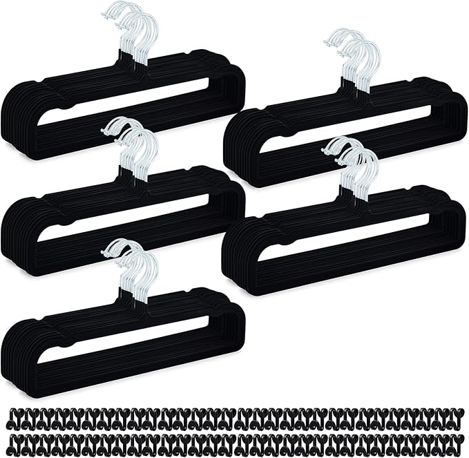 60 Pack Black Velvet Pants Hangers with 60 Hooks Non Slip, Felt Trouser Hanger for Closet, Thin Space Saving Clothes Hanger, Strong, Durable, 360 Degree Rotatable Hook for Tank Top, Shorts