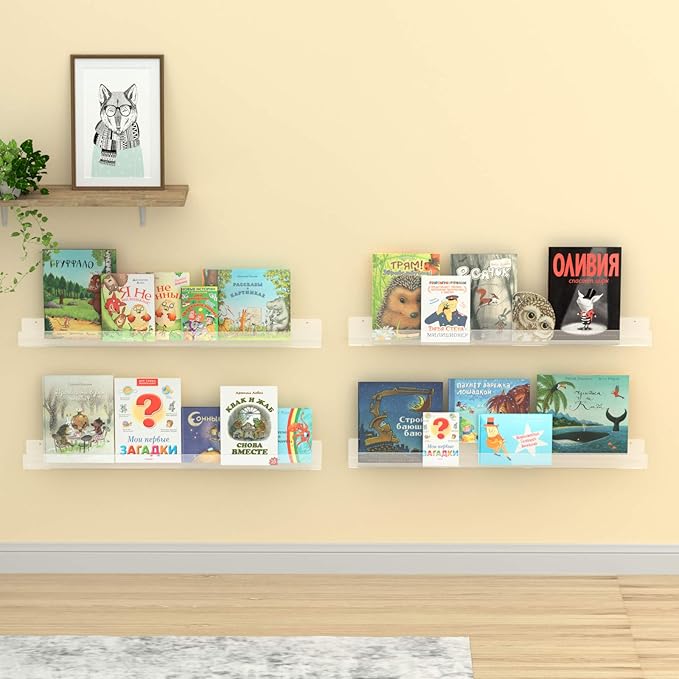 NIUBEE 36" Premium Acrylic Floating Nursery Kids Bookshelf Wall Ledge Shelf, Clear Invisible Spice Rack Bathroom Storage Shelves Display Organizer, 50% Thicker with Screwdriver, Set of 4
