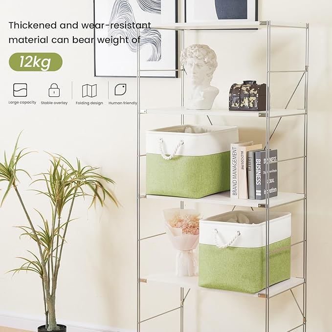 Large Storage Baskets- 16x12x12 inch Storage Bins for Shelves and Closet Organizing, Foldable Fabric Bin for Home Organization Clothes and Laundry (1-Pack, White&Green)